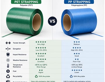 PET vs PP strapping comparison infographic: green polyester strap coil versus blue polypropylene strap coil with performance table