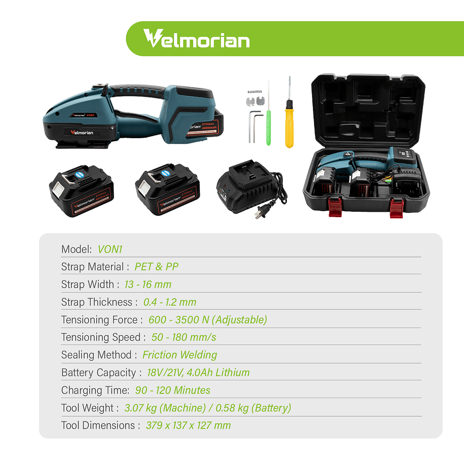 Velmorian VON1 cordless strapping machine with dual 4.0Ah lithium batteries, 90-minute quick charge and 18V/21V compatibility